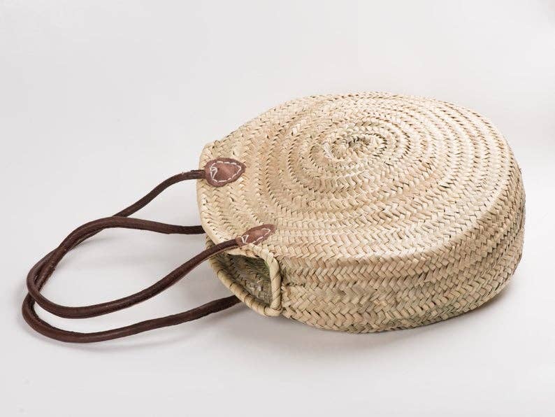 Round French Market Basket Style Straw Summer Bag, Handmade with Real Leather Handles