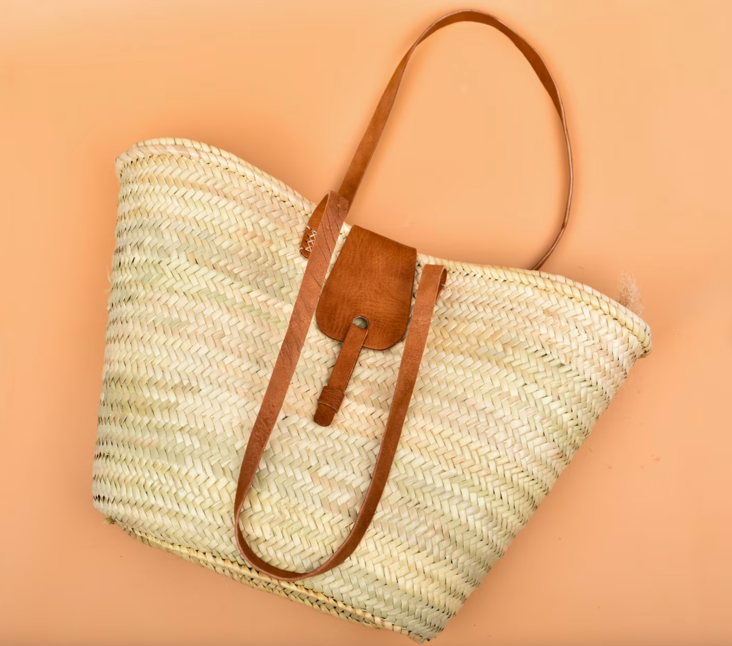 French Market Straw Basket Bag with Leather Handles & Latch