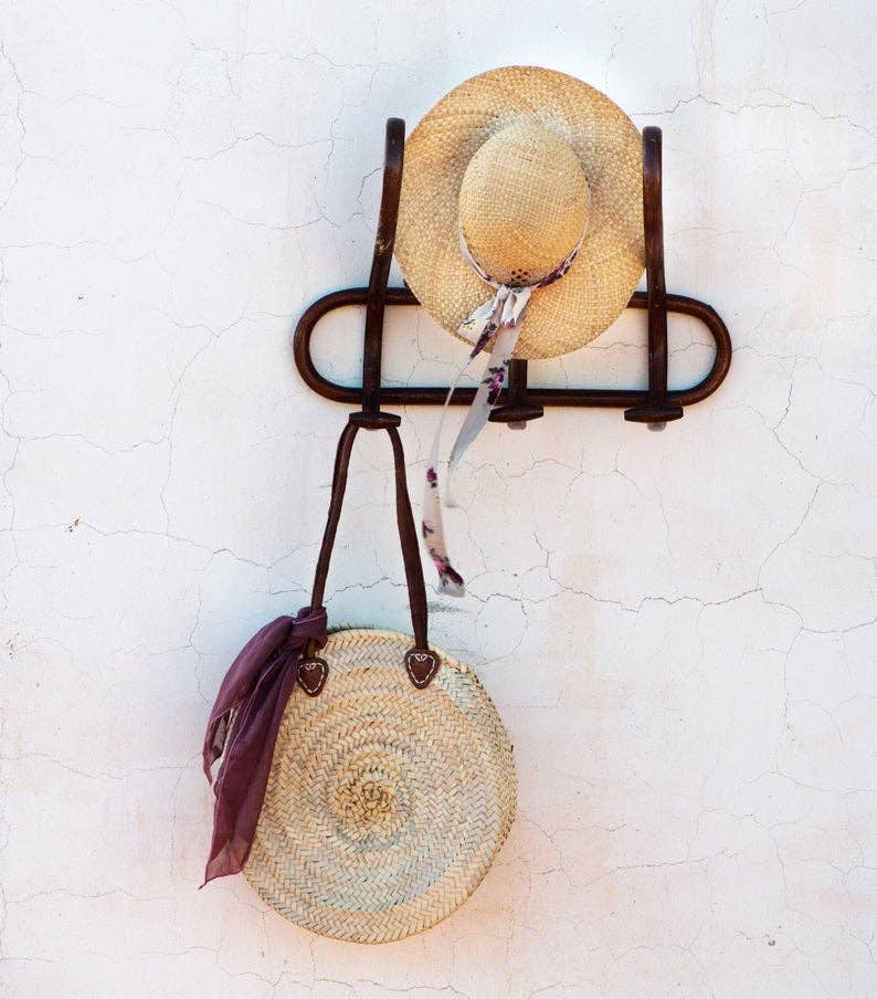 Round French Market Basket Style Straw Summer Bag, Handmade with Real Leather Handles