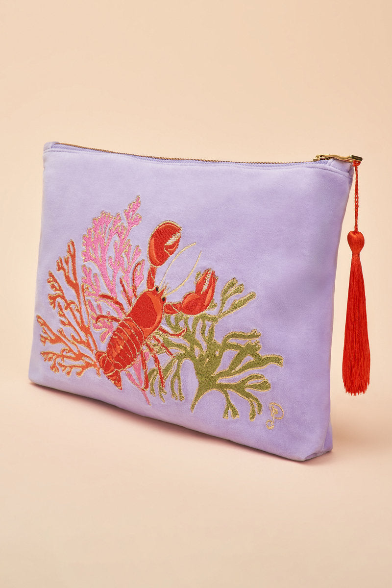 Velvet Embroidered Cosmetic Bag - Zipped Pouch Lobster Buddies in Lavender by Powder Design