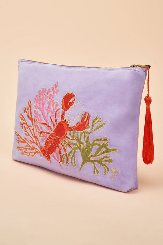 Velvet Embroidered Zip Pouch - Lobster Buddies, Lavender by Powder Design