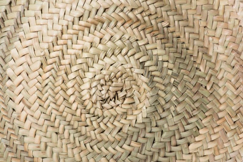 Round French Market Basket Style Straw Summer Bag, Handmade with Real Leather Handles