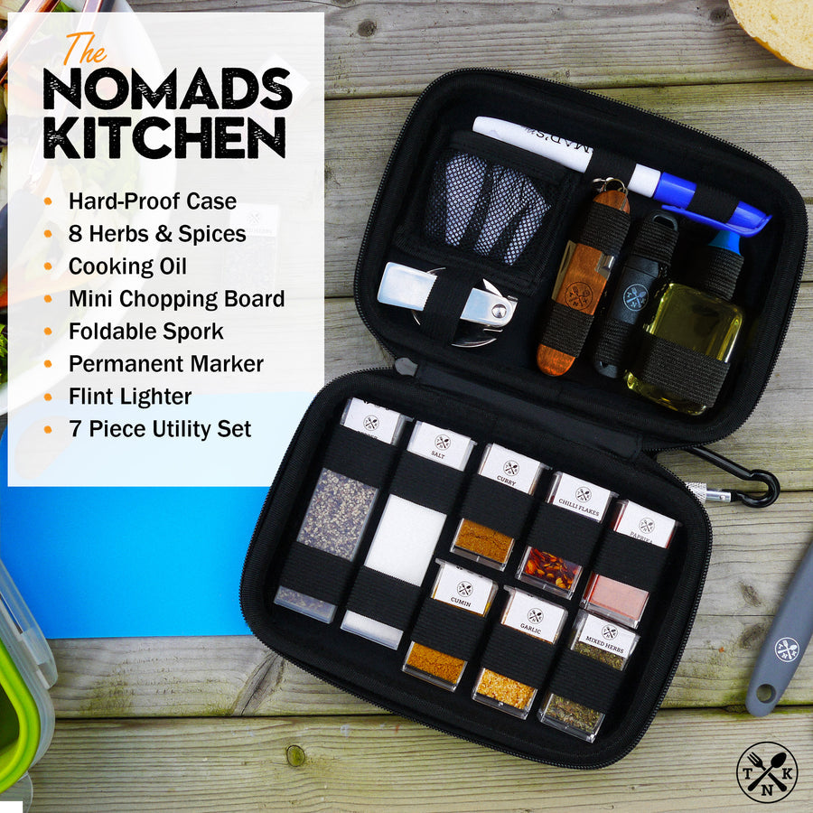 Compact Nomads Kitchen Kit - Portable Cooking & Spice Set Free Vacuum Coffee Cup