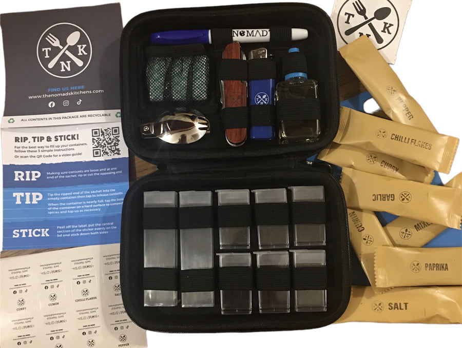 Compact Nomads Kitchen Kit - Portable Cooking & Spice Set Free Vacuum Coffee Cup