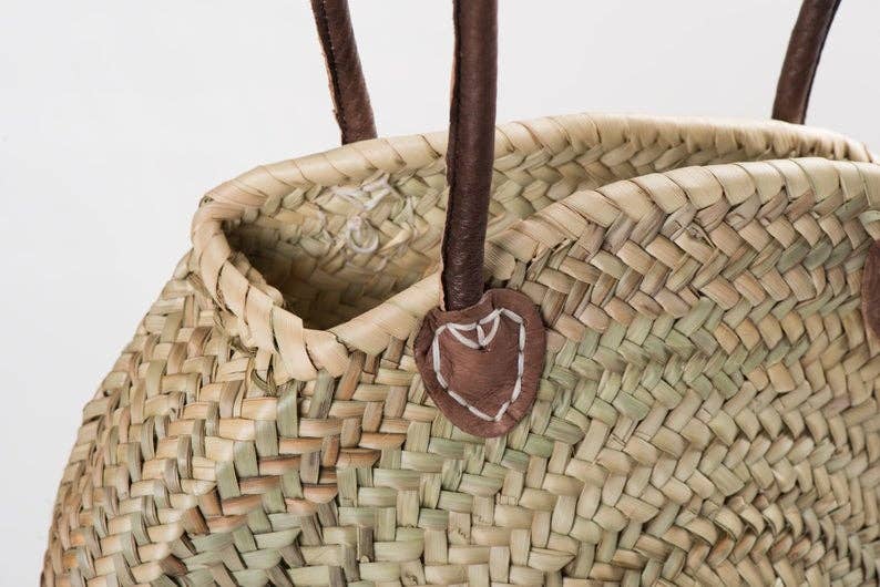 Round French Market Basket Style Straw Summer Bag, Handmade with Real Leather Handles