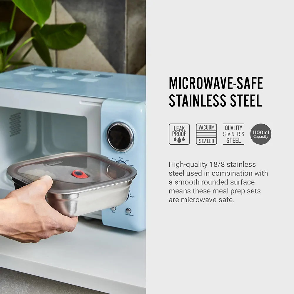 Microwavable Stainless Steel Lunch Box, Plastic-Free Lunch box with Leak Proof, Airtight, Lockable Lid - Microwave, Dishwasher and Oven Safe - Small Square, 1.1l
