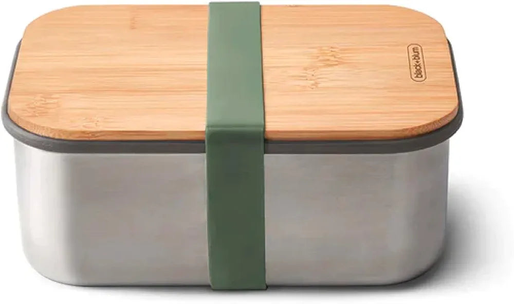 Lunch box stainless steel wooden lid bento box style side view