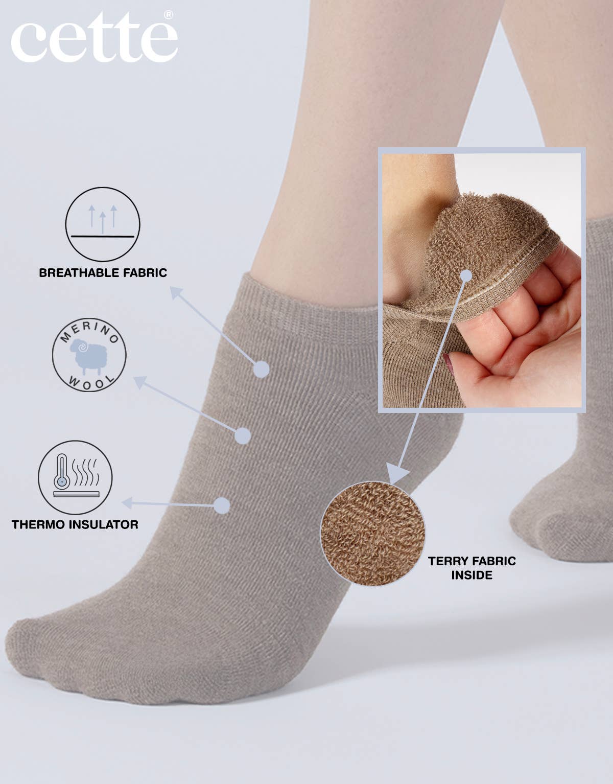 Cette - Merino Wool Footies Wool Invisible Socks Trainer Warm Socks: Wood Smoke / 35/38