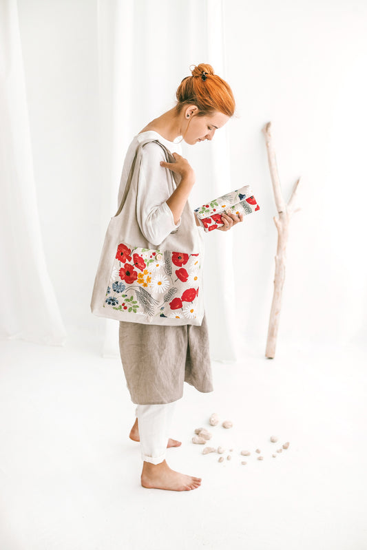 Linen Reusable Shopping Bag • Foldable Tote with Wild Flowers by SaVa Seasons