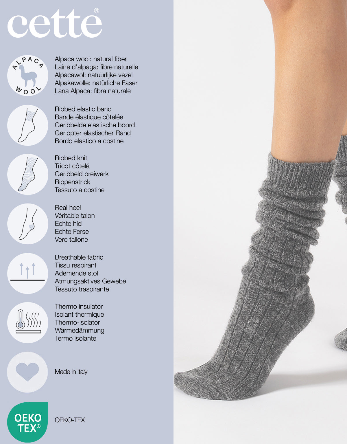Cette - Knee High Alpaca Wool Socks, Winter Socks in Light Grey, One Size