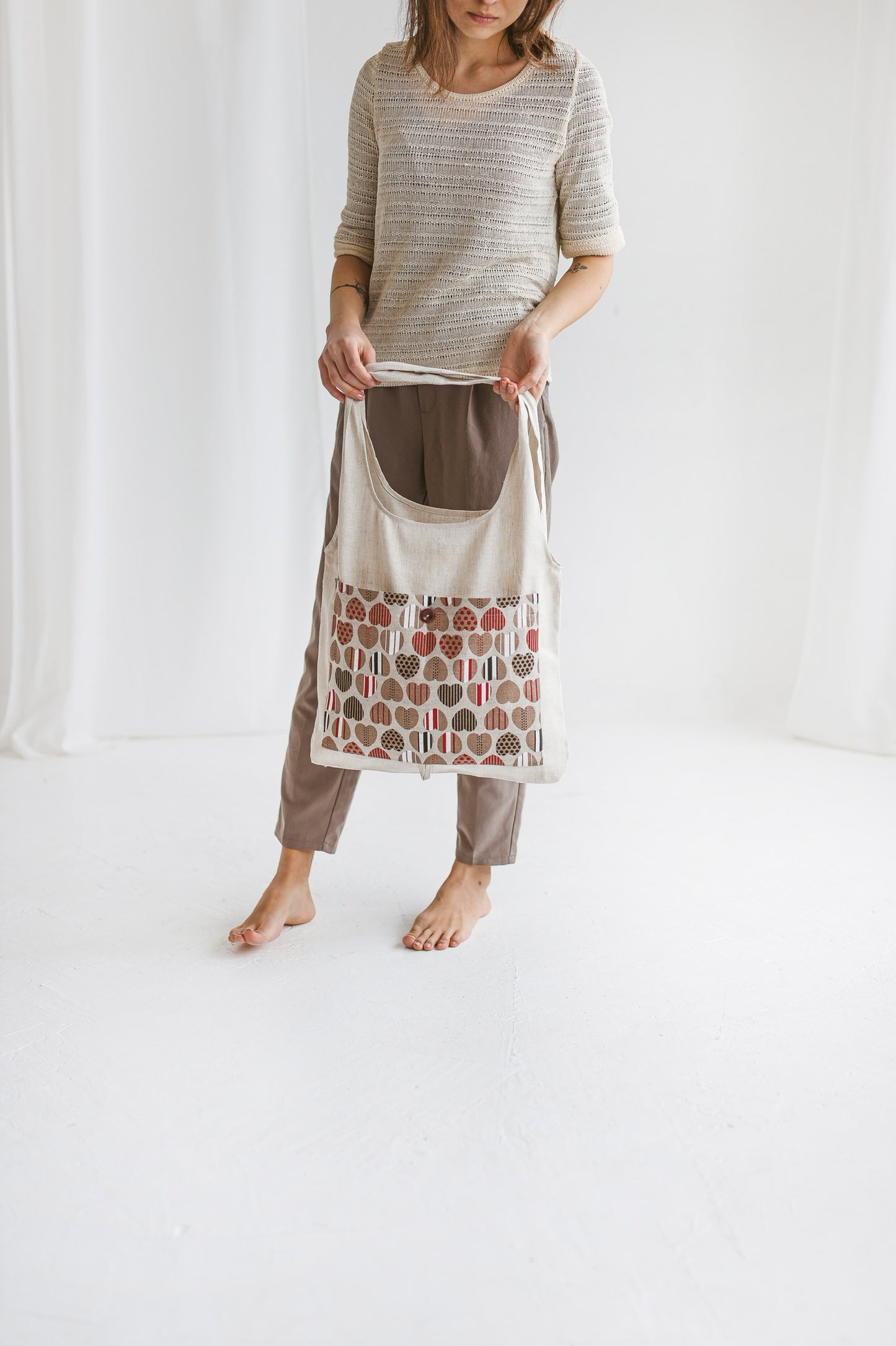 Linen Foldable Tote Bag with Hearts by SaVa Seasons
