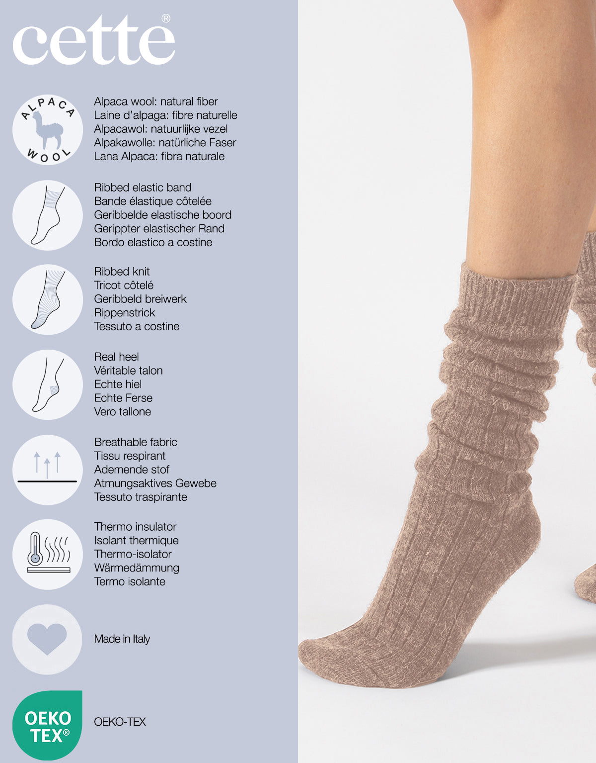 Cette - Knee High Alpaca Wool Socks, Winter Socks in Sand, One Size