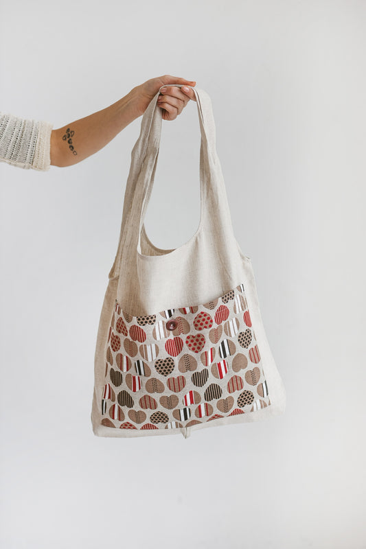 Linen Reusable Shopping Bag • Foldable Tote with Hearts by SaVa Seasons