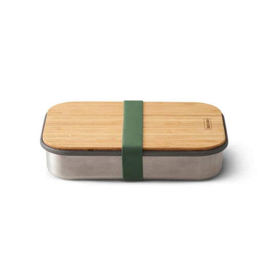Bento Style Lunch Box - Stainless Steel Airtight Sandwich Box with Bamboo Lid - Olive