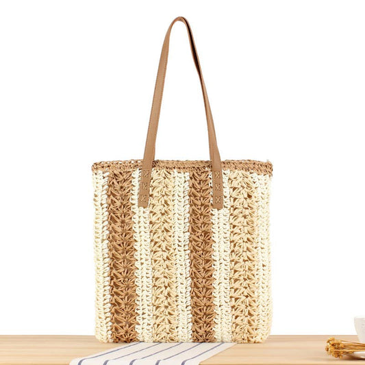 Superbia - Medium Size Multicolor Stripe Paper Straw Tote Bag Top zip: Brown