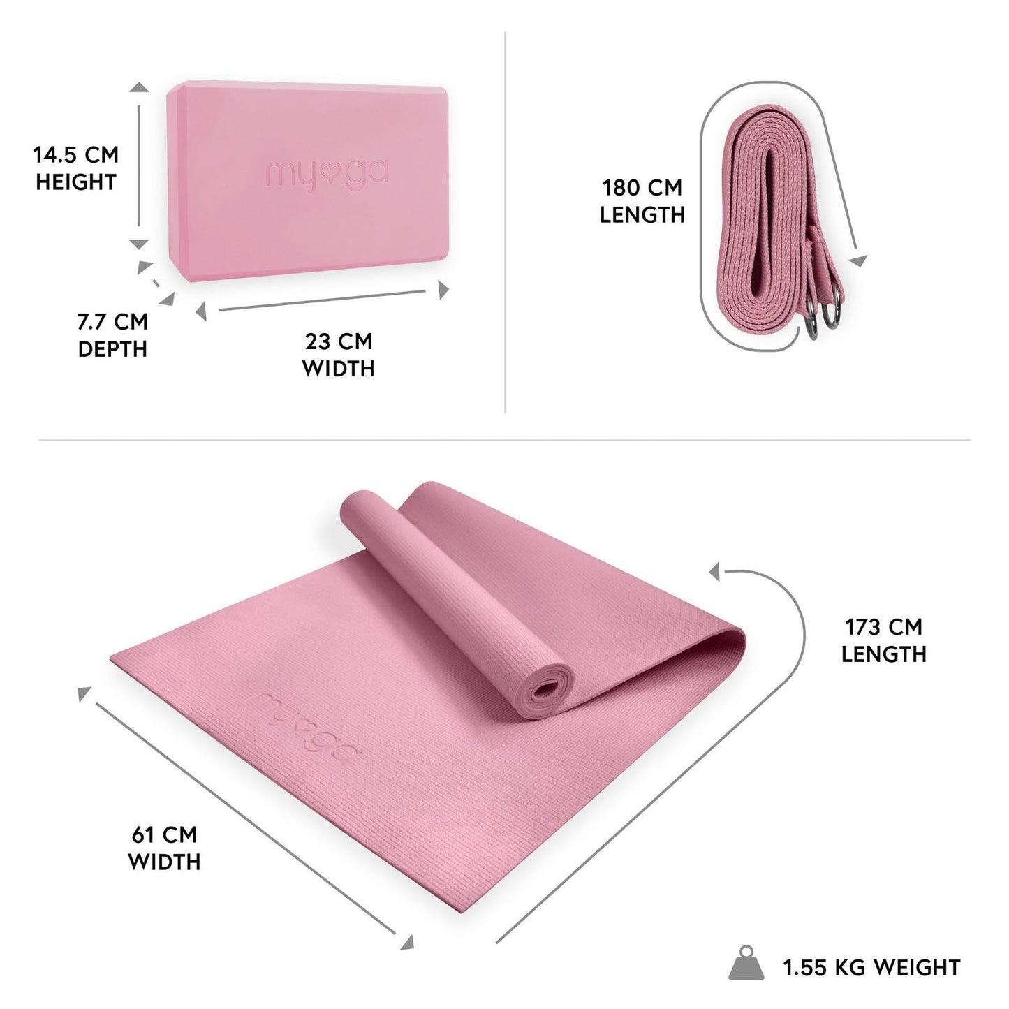 Yoga Starter Kit in Pink, Mat, Block and Strap