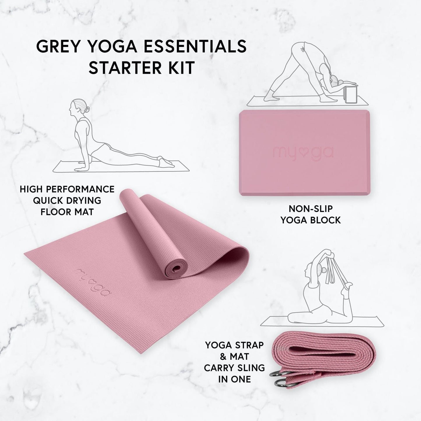 Yoga Starter Kit in Pink, Mat, Block and Strap