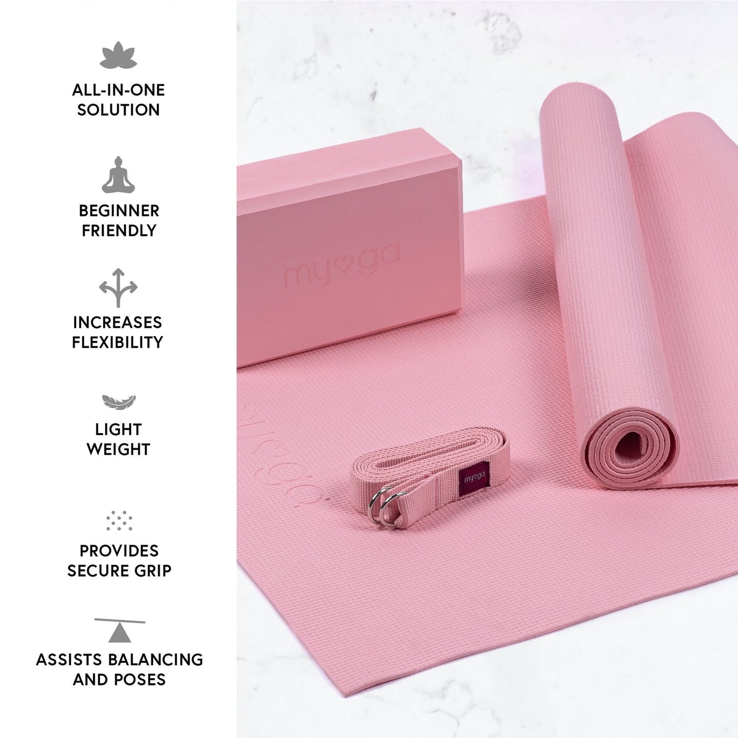 Yoga Starter Kit in Pink, Mat, Block and Strap