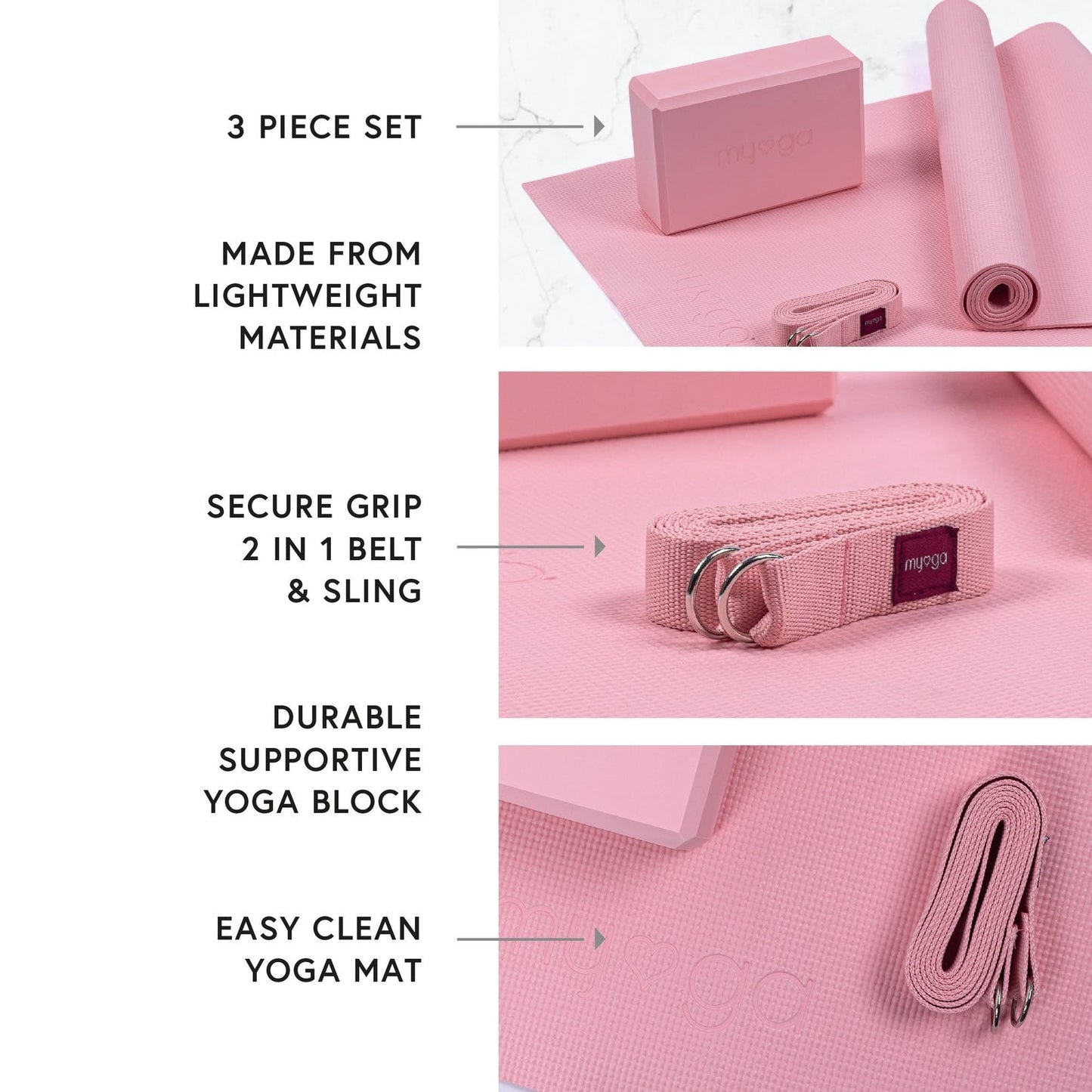 Yoga Starter Kit in Pink, Mat, Block and Strap