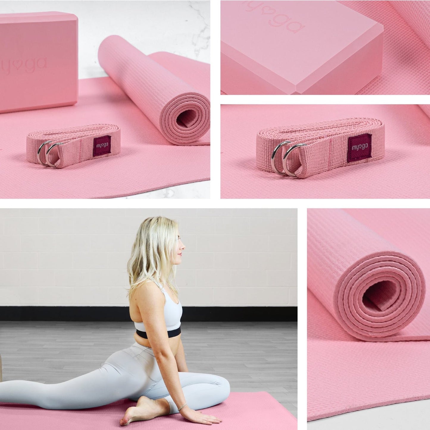 Yoga Starter Kit in Pink, Mat, Block and Strap