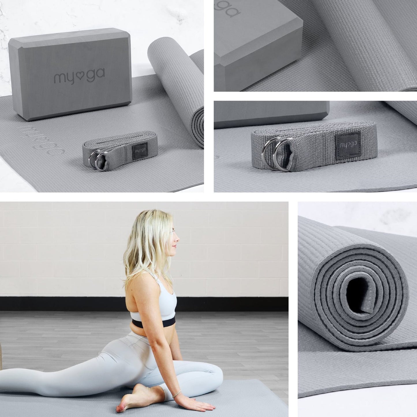 Yoga Starter Kit in Grey, Mat, Block and Strap