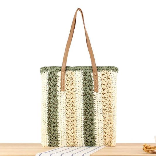 Superbia - Medium Size Multicolor Stripe Paper Straw Tote Bag Top zip: Chocolate