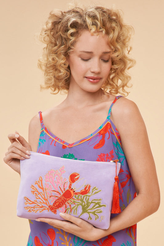 Velvet Embroidered Cosmetic Bag - Zipped Pouch Lobster Buddies in Lavender by Powder Design