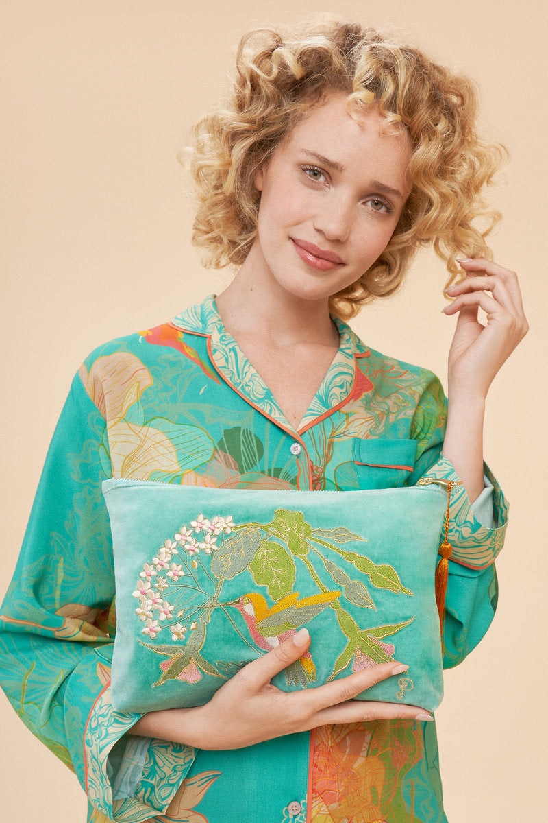 Velvet Embroidered Zip Pouch - Hummingbird , Aqua by Powder Design