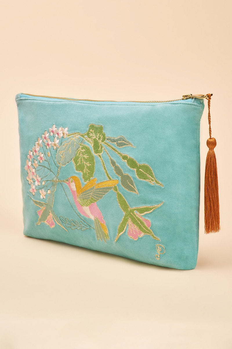 Velvet Embroidered Zip Pouch - Hummingbird , Aqua by Powder Design