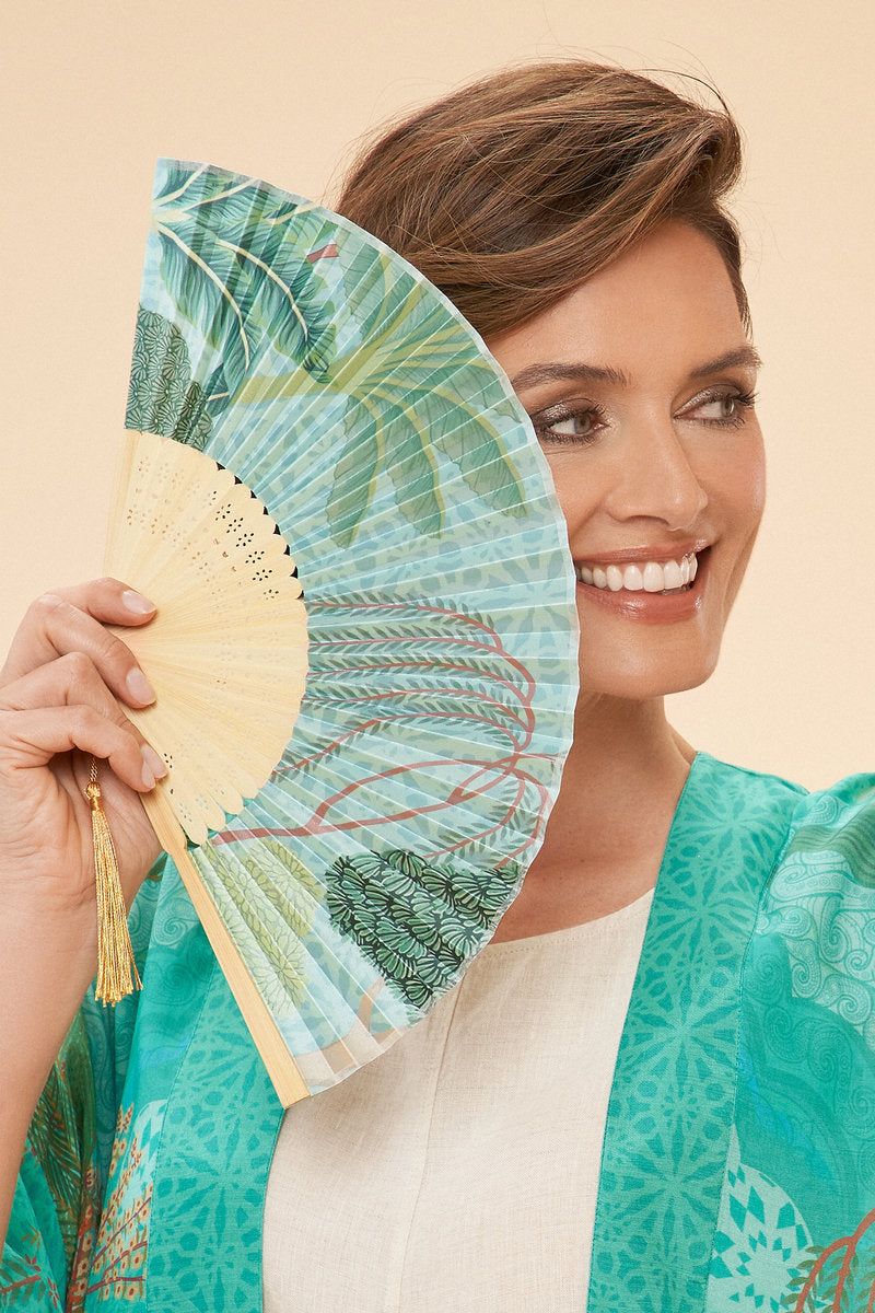 Secret Paradise in Aqua Satin Hand Fan by Powder Design