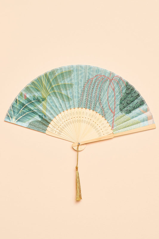 Secret Paradise in Aqua Satin Hand Fan by Powder Design