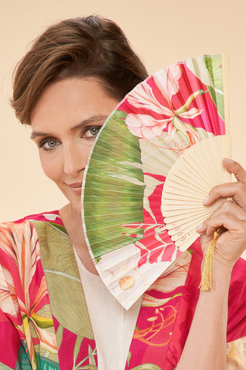 Delicate Tropical in Dark Rose Satin Hand Fan by Powder Design