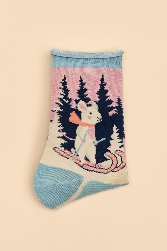 Mouse on Skis Ankle Socks in Petal