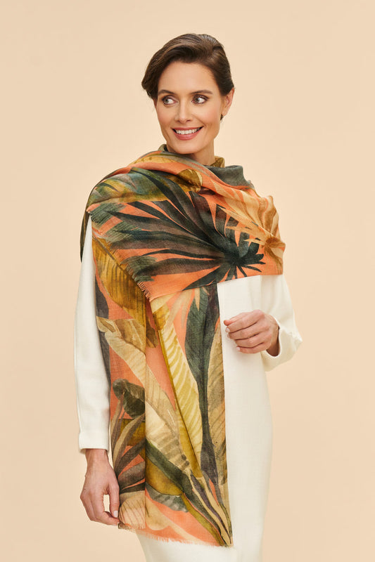 Wool Wrap Painted Palms Scarf in Tangerine