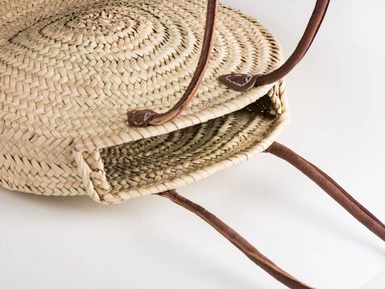 Round French Market Basket Style Straw Summer Bag, Handmade with Real Leather Handles