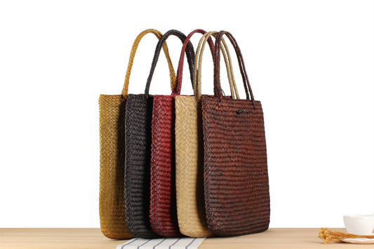Superbia - Large Flat Vintage Tote Bag Straw Bag with Buttons Fastening: Chocolate