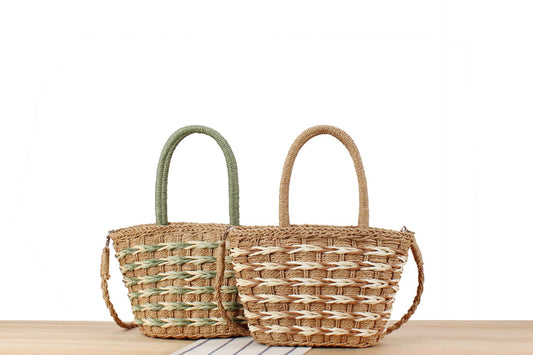 Superbia - Medium Size Two-toned Straw Bag Basket Bag-CL-30: Beige