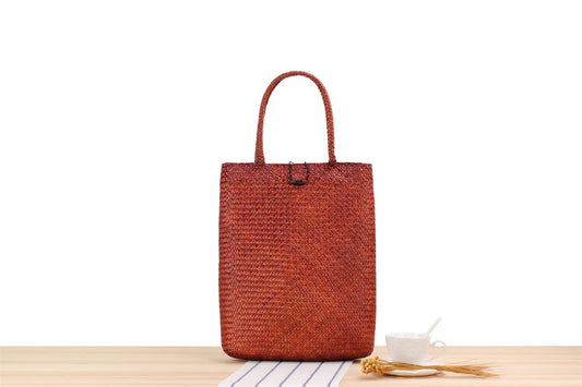 Superbia - Large Flat Vintage Tote Bag Straw Bag with Buttons Fastening: Brown