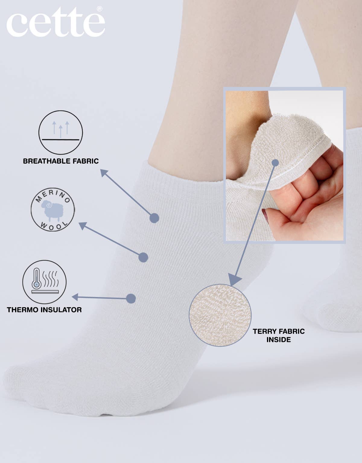 Cette - Merino Wool Footies Wool Invisible Socks Trainer Warm Socks: White / 35/38