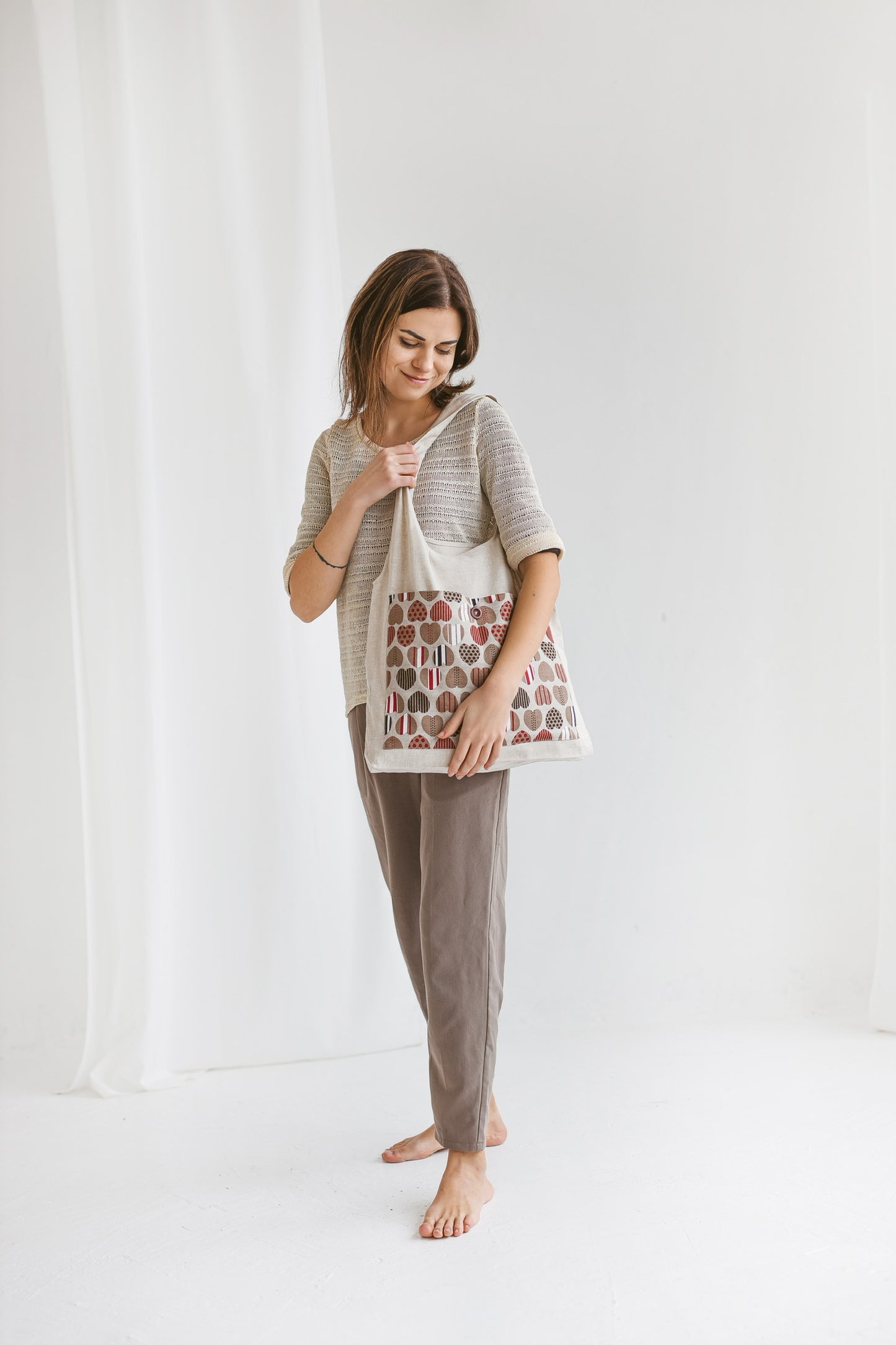 Linen Foldable Tote Bag with Hearts by SaVa Seasons