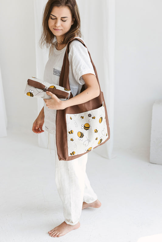Linen Reusable Shopping Bag • FoldableTote with Bumblebees by SaVa Seasons