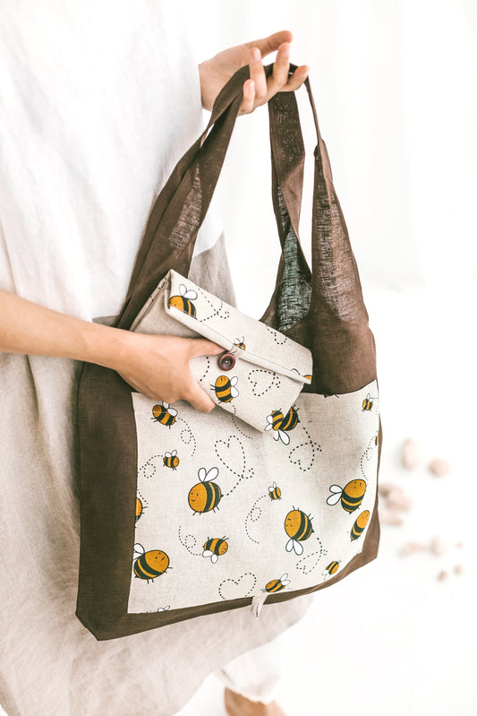 Linen Reusable Shopping Bag • FoldableTote with Bumblebees by SaVa Seasons