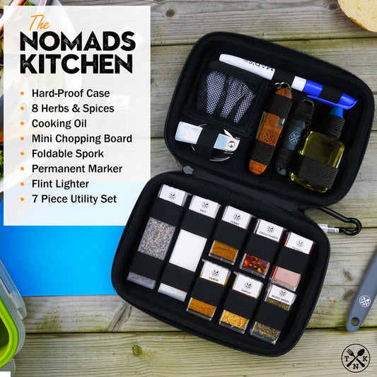 Compact Nomads Kitchen Kit - Portable Cooking & Spice Set Free Vacuum Coffee Cup