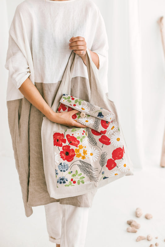Linen Reusable Shopping Bag • Foldable Tote with Wild Flowers by SaVa Seasons