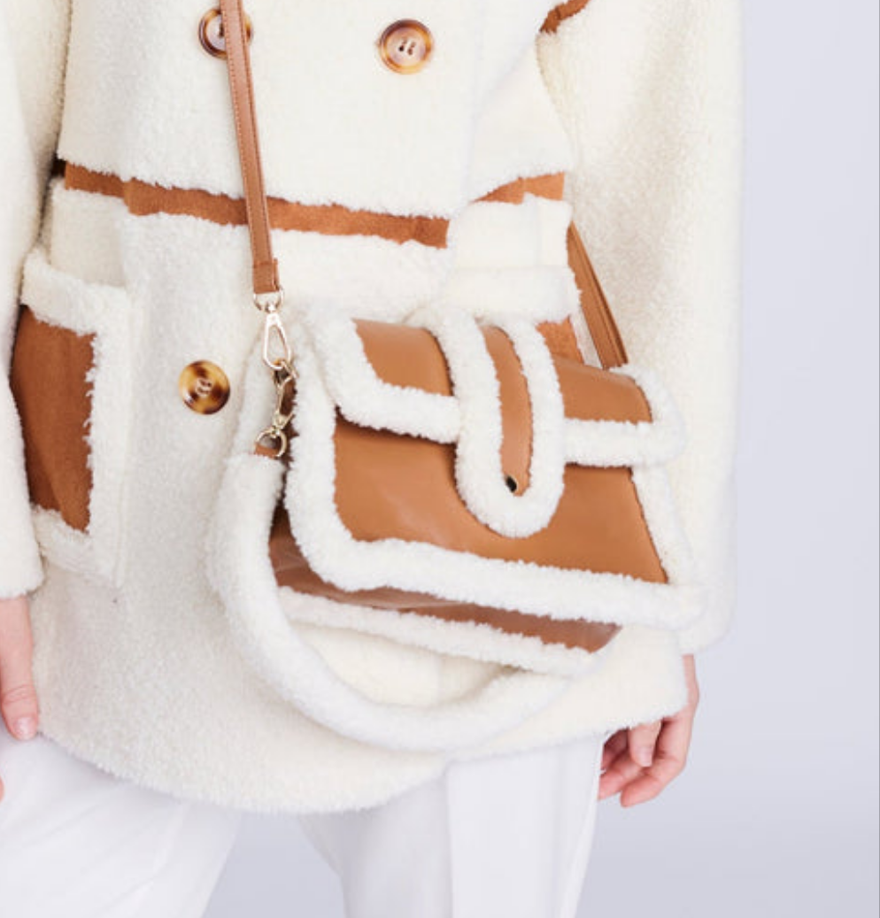 Cream/Tan Faux Fur Crossbody Bag with Button Closure