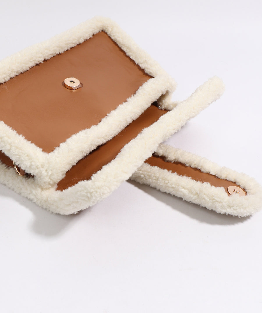 Cream/Tan Faux Fur Crossbody Bag with Button Closure