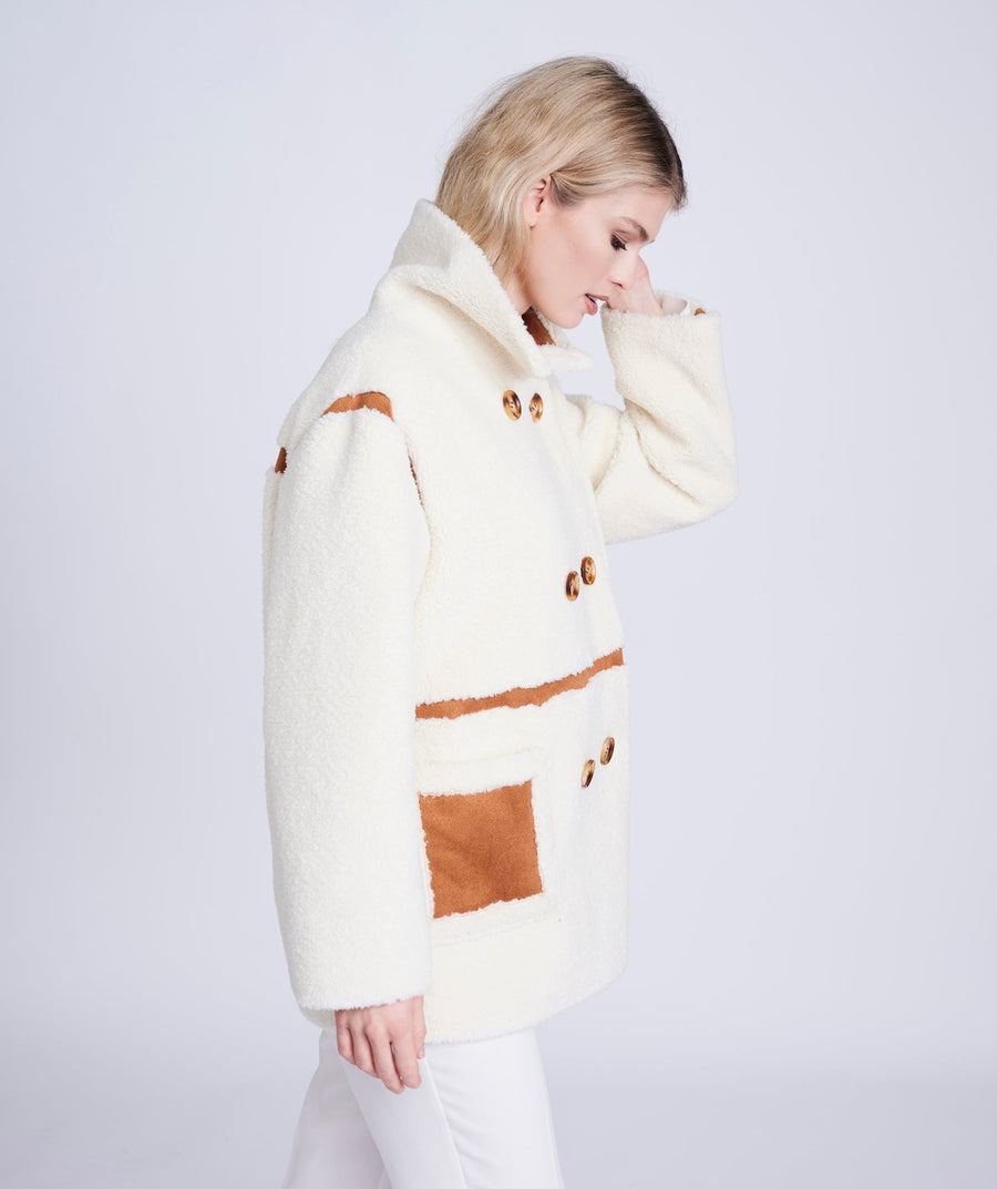 Cream/Tan Phoenix Coat with Faux Suede Details and Button Closure