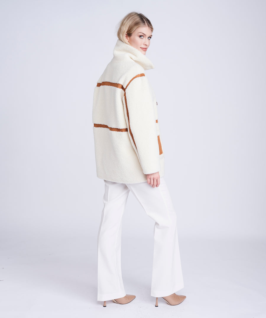 Cream/Tan Phoenix Coat with Faux Suede Details and Button Closure