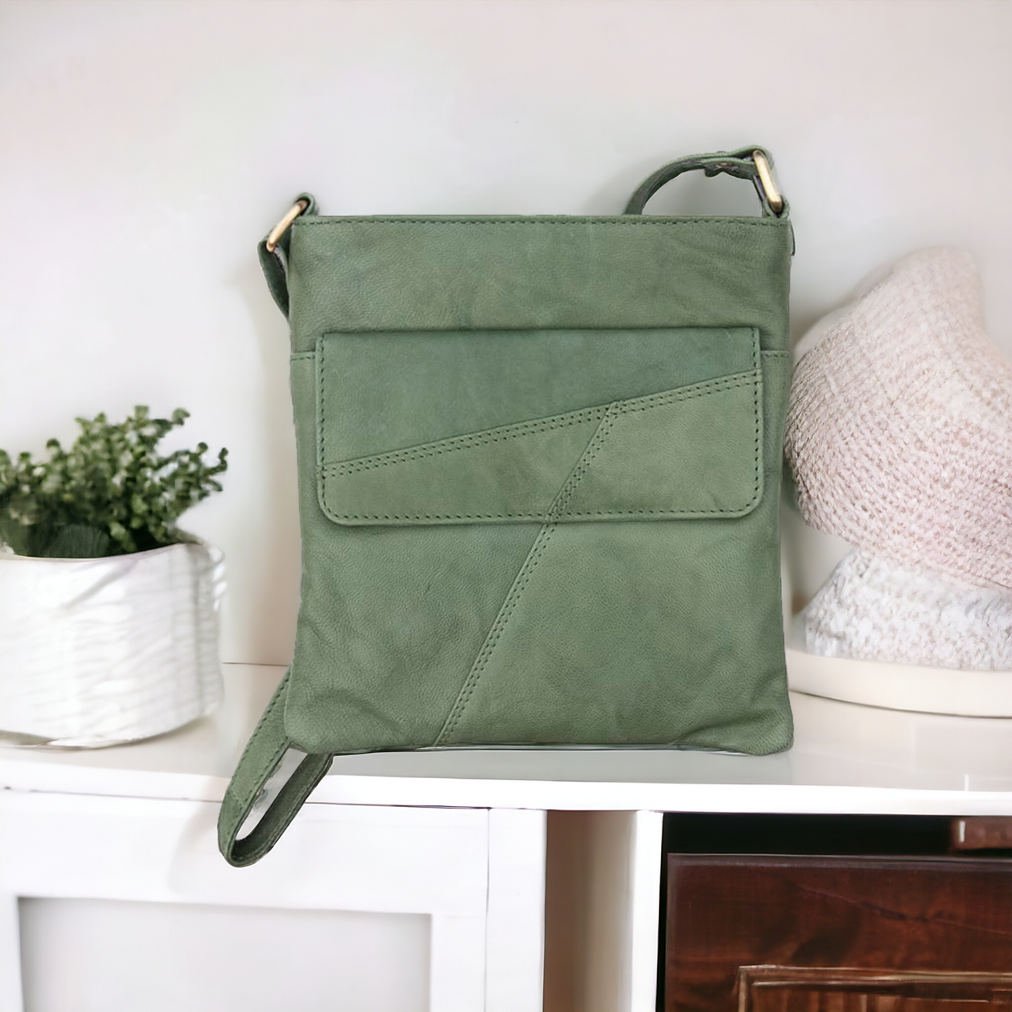 Crumble Crossbody Handbag (6550) in Sage | Real Leather