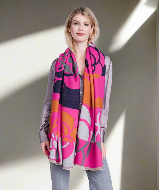 Fuchsia Oversized Floral Scarf with Soft Frayed Hemline